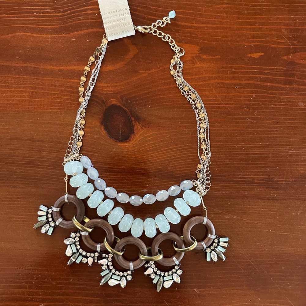 Anthropologie tiered necklace gold, aqua, rhinestones, wood, gems. NWT gift